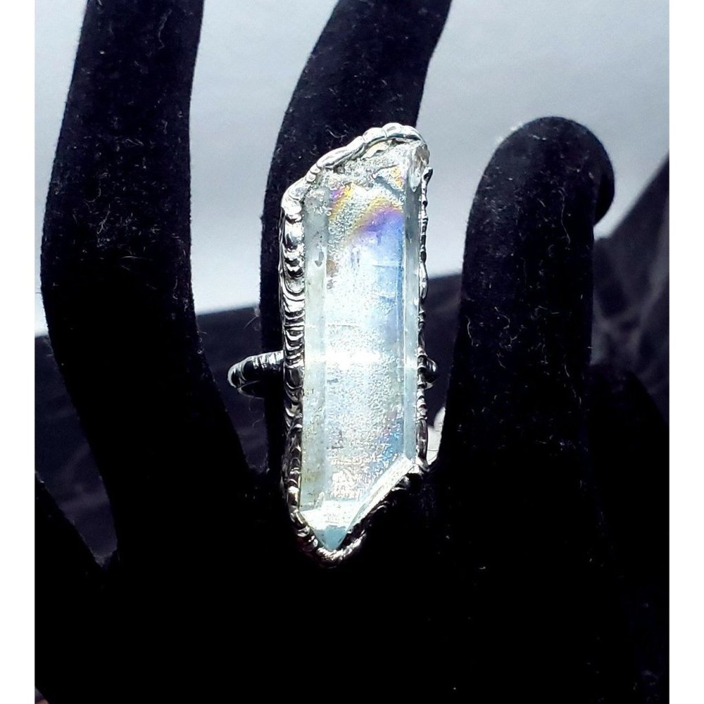 Blue Aura Quartz Crystal Statement Ring Goth Silv… - image 3